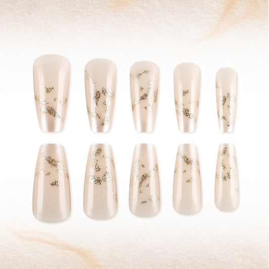 Gilded Elegance Long Coffin Neutral with Glitter Accents Press-On Nail Set