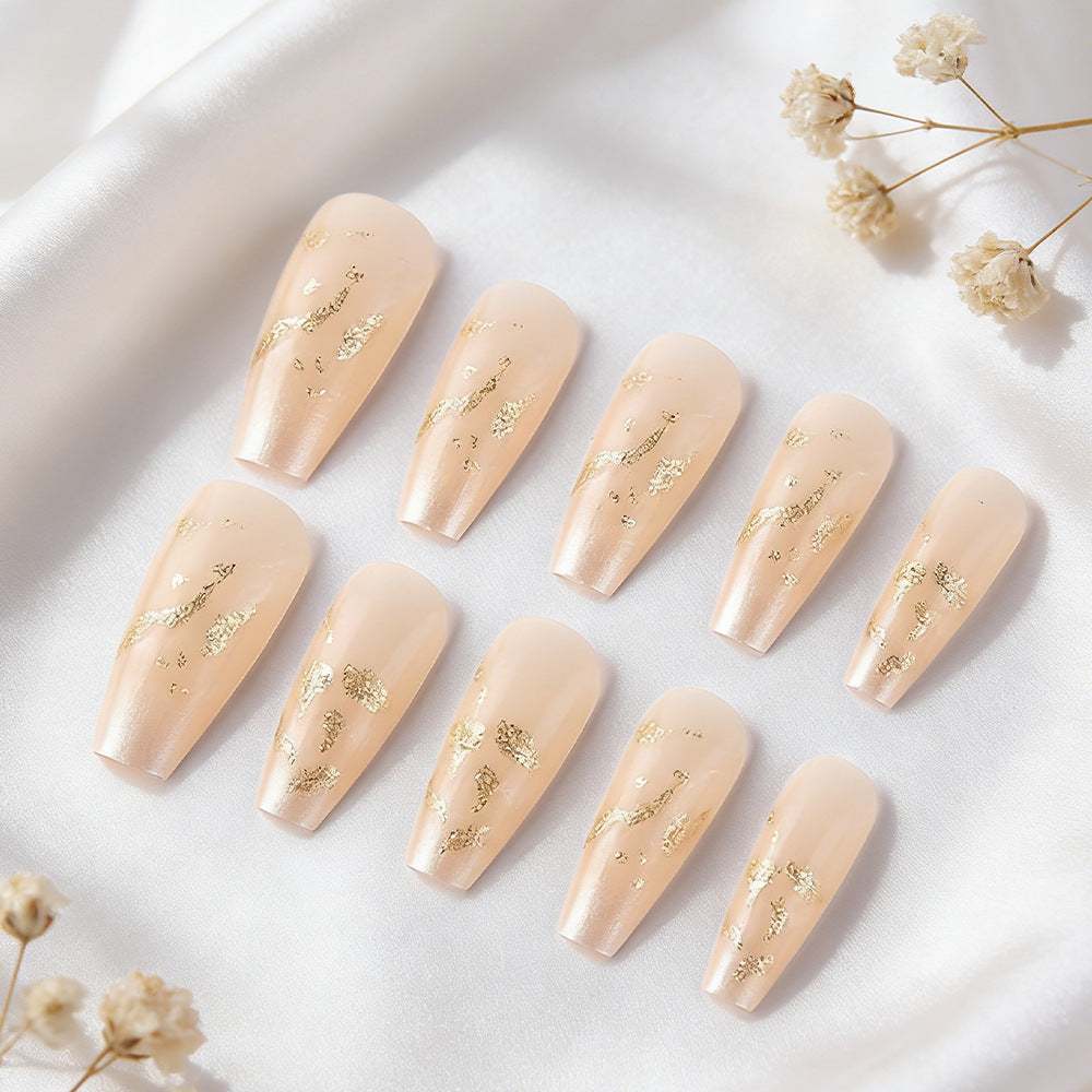 Elegant Serenity Long Coffin Blush Pink Nails with Stunning Gold Foil Accents