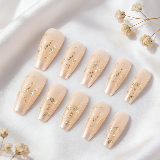 Elegant Serenity Long Coffin Blush Pink Nails with Stunning Gold Foil Accents