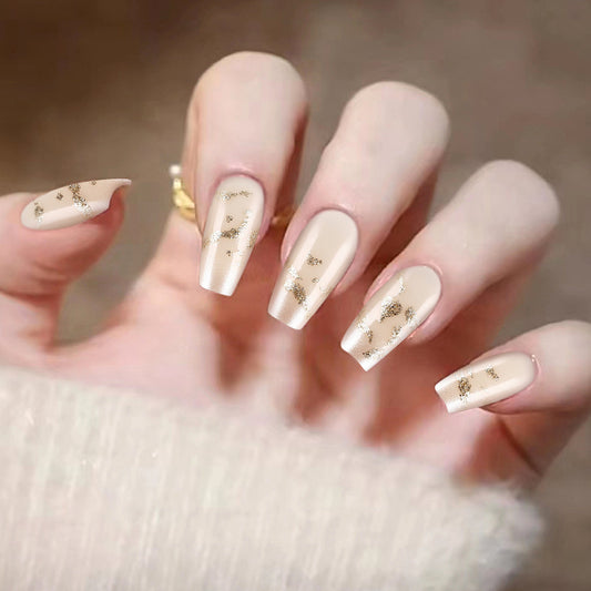 Elegant Meadow Inspired Long Coffin Shape Beige with Gold Accents Press on Nail Set