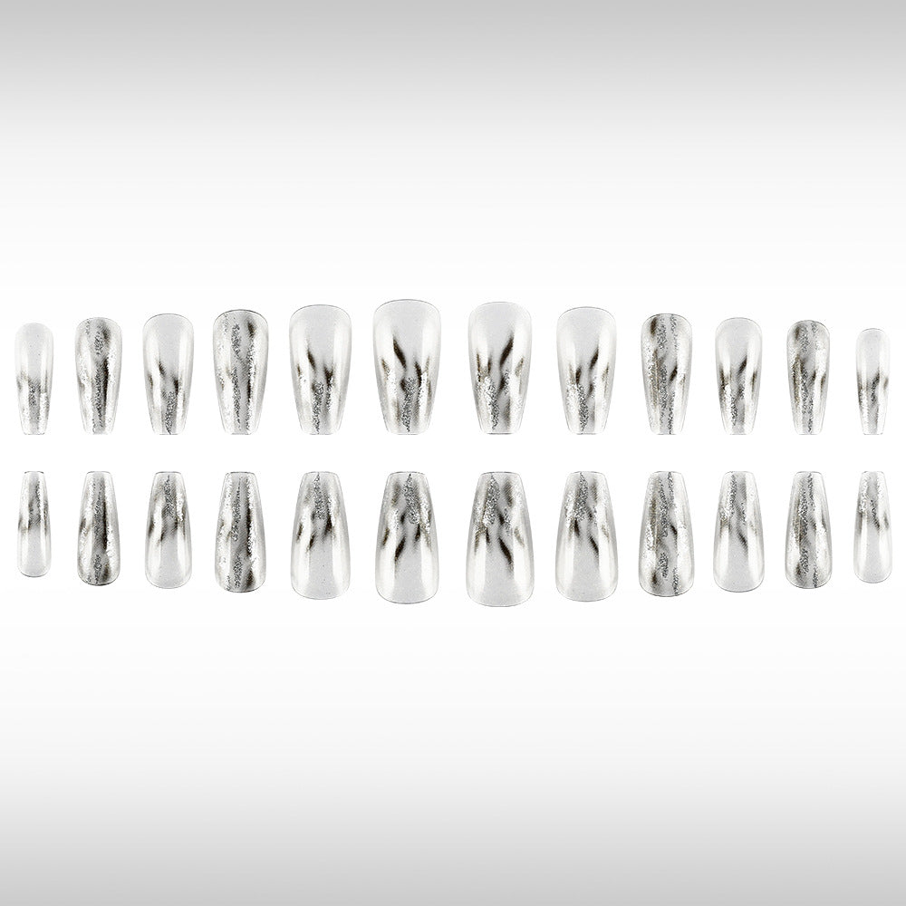 Chic Silver Marble Long Coffin Press On Nail Set with Iridescent Finish