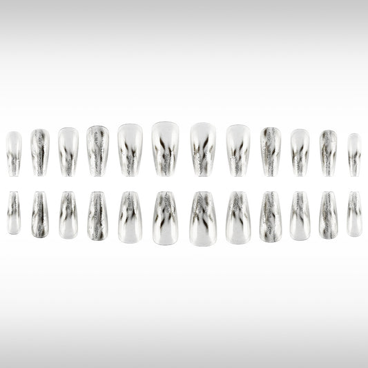 Chic Silver Marble Long Coffin Press On Nail Set with Iridescent Finish