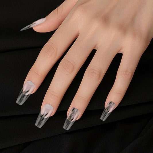 Mysterious Elegance Long Coffin Gradient Black and Clear Press on Nail Set with a Stunning Chrome Finish