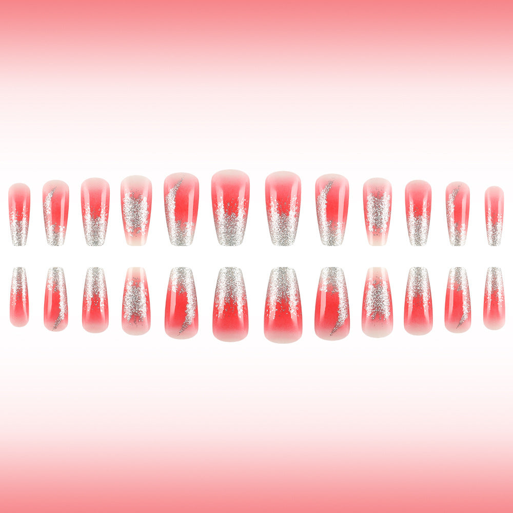 Fairy Blossom Long Coffin Shaped Coral with Glitter Ombre Press On Nail Set