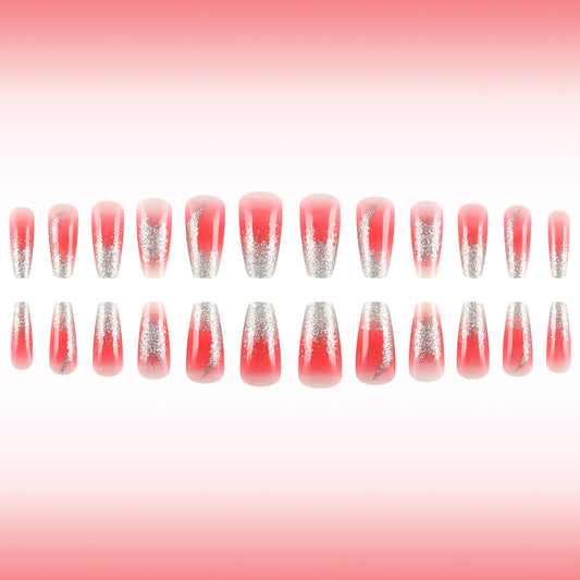Fairy Blossom Long Coffin Shaped Coral with Glitter Ombre Press On Nail Set