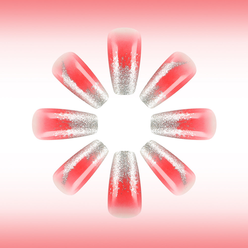 Blossom Glamour Long Coffin Shaped Gradient Pink with Sparkling Silver Tips Press On Nail Set