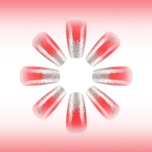 Blossom Glamour Long Coffin Shaped Gradient Pink with Sparkling Silver Tips Press On Nail Set