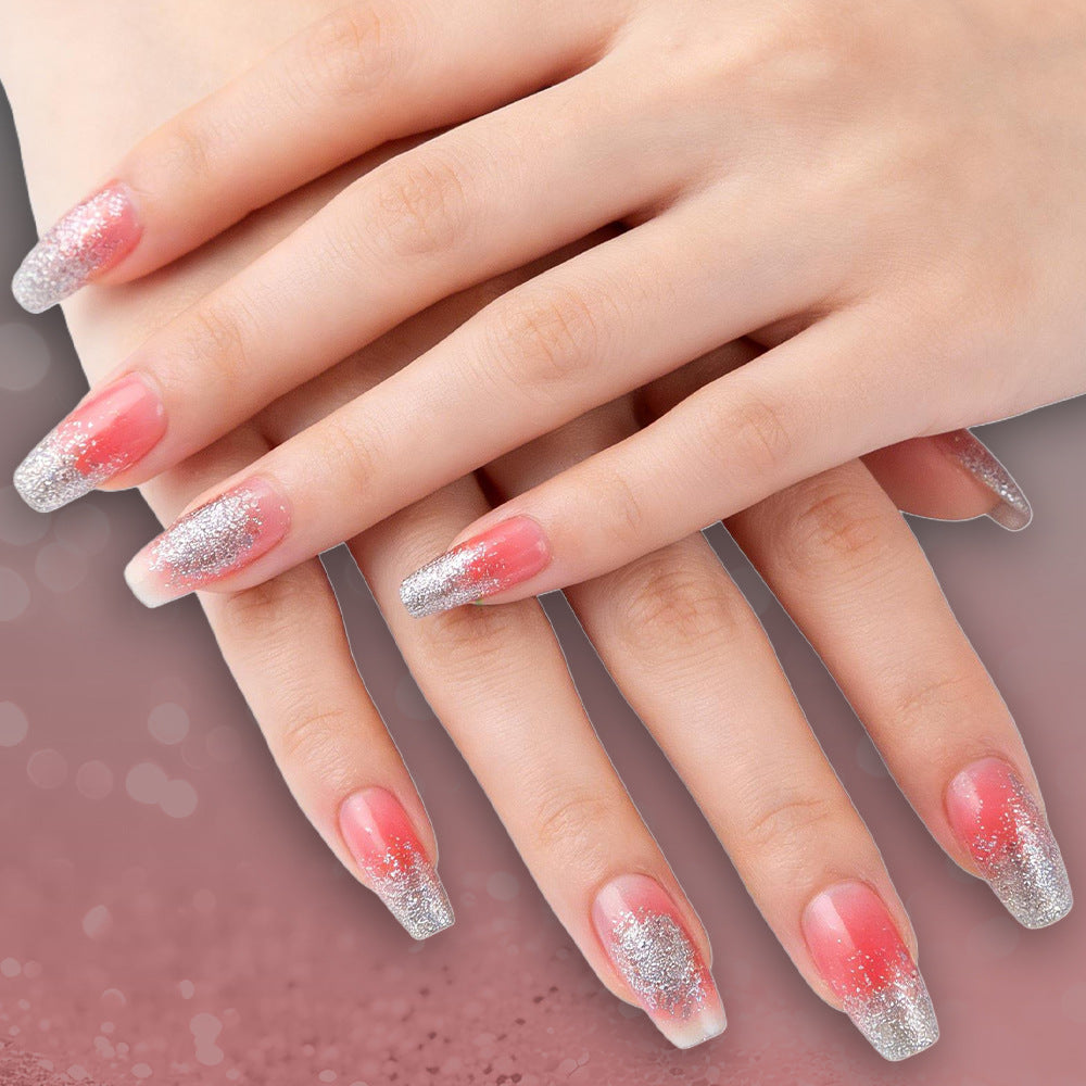 Glamorous Elegance Long Coffin Gradient Pink and Silver Glitter Press On Nail Set