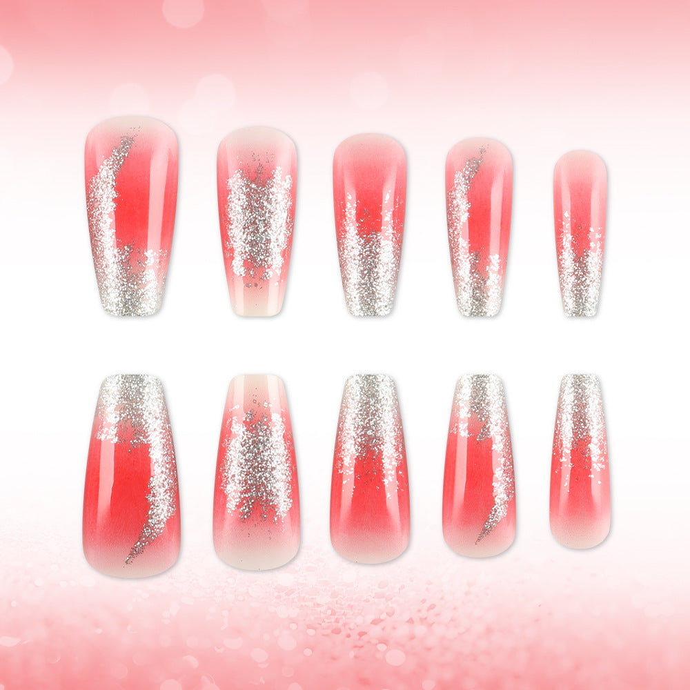 Sparkling Sunset Press On Nail Set Long Coffin Coral with Glitter Gradient Finish