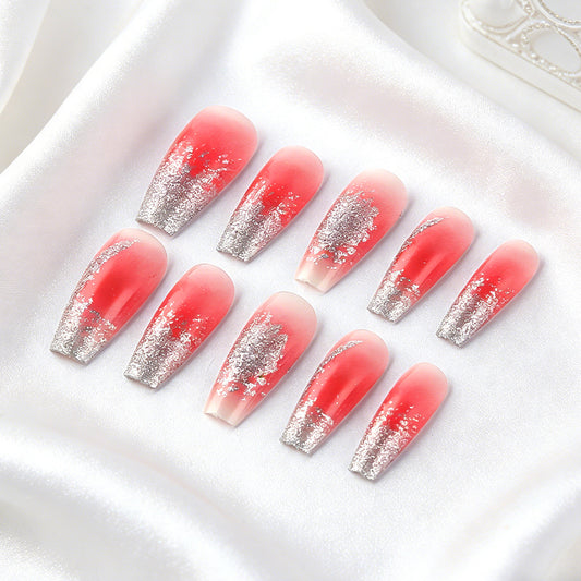 Glamorous Sunset Long Coffin Press On Nail Set in Coral with Sparkling Silver Glitter Tips
