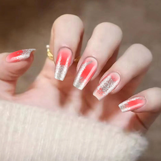 Glamorous Sunset Long Coffin Coral with Sparkling Ombre Press-On Nail Set