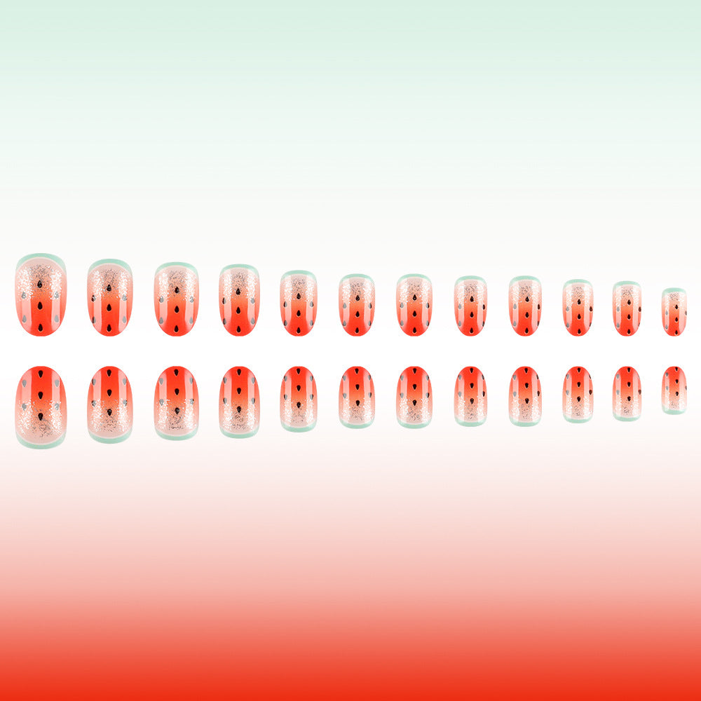 Watermelon Wonderland Short Round Bright Red with Glitter Effect Press-On Nail Set