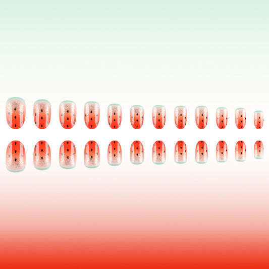 Watermelon Wonderland Short Round Bright Red with Glitter Effect Press-On Nail Set