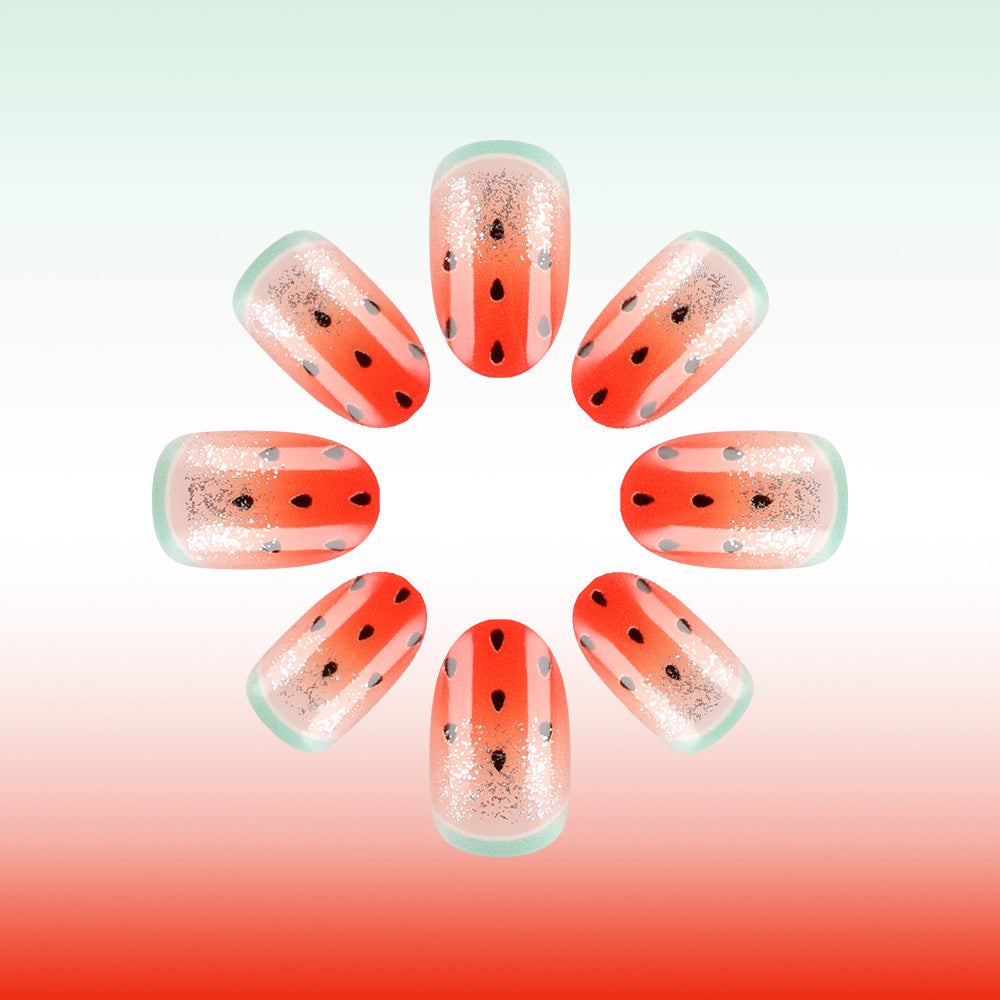 Refreshing Summer Vibes Short Round Bright Red with Glittery Watermelon Slice Design Press On Nail Set