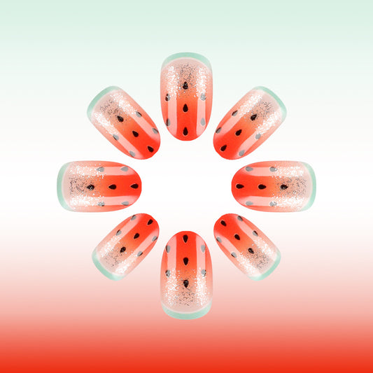 Refreshing Summer Vibes Short Round Bright Red with Glittery Watermelon Slice Design Press On Nail Set