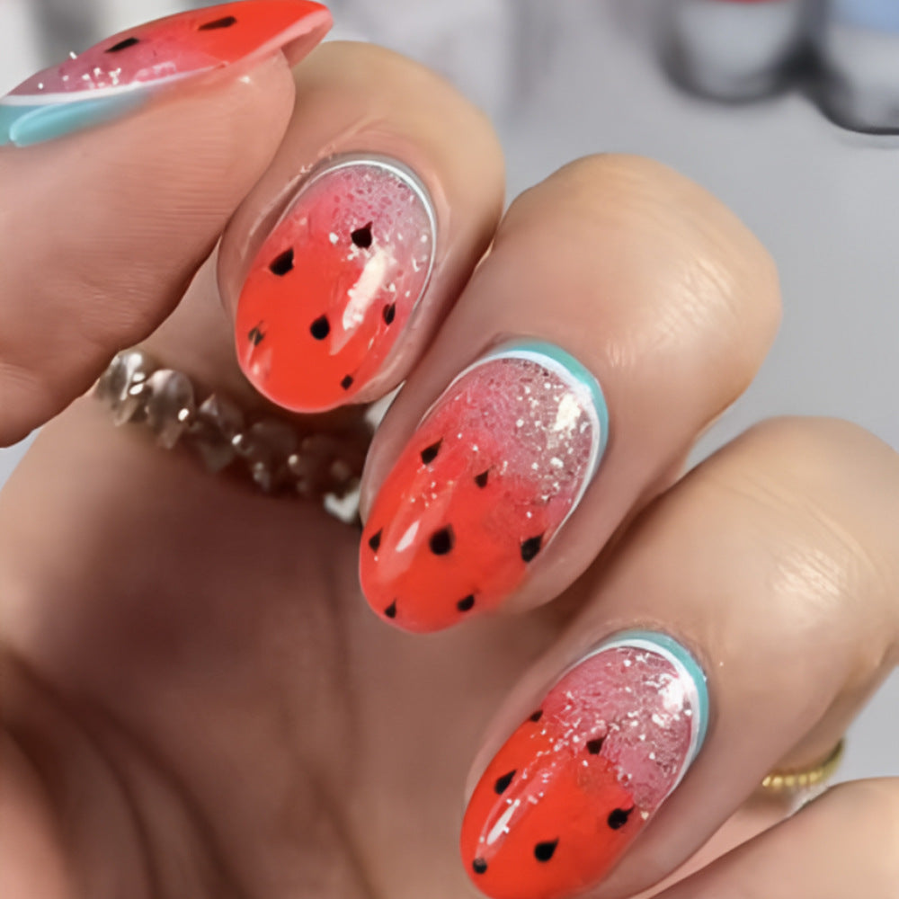 Summer Vibes Short Round Coral Watermelon Design with Glitter Accents Nail Set