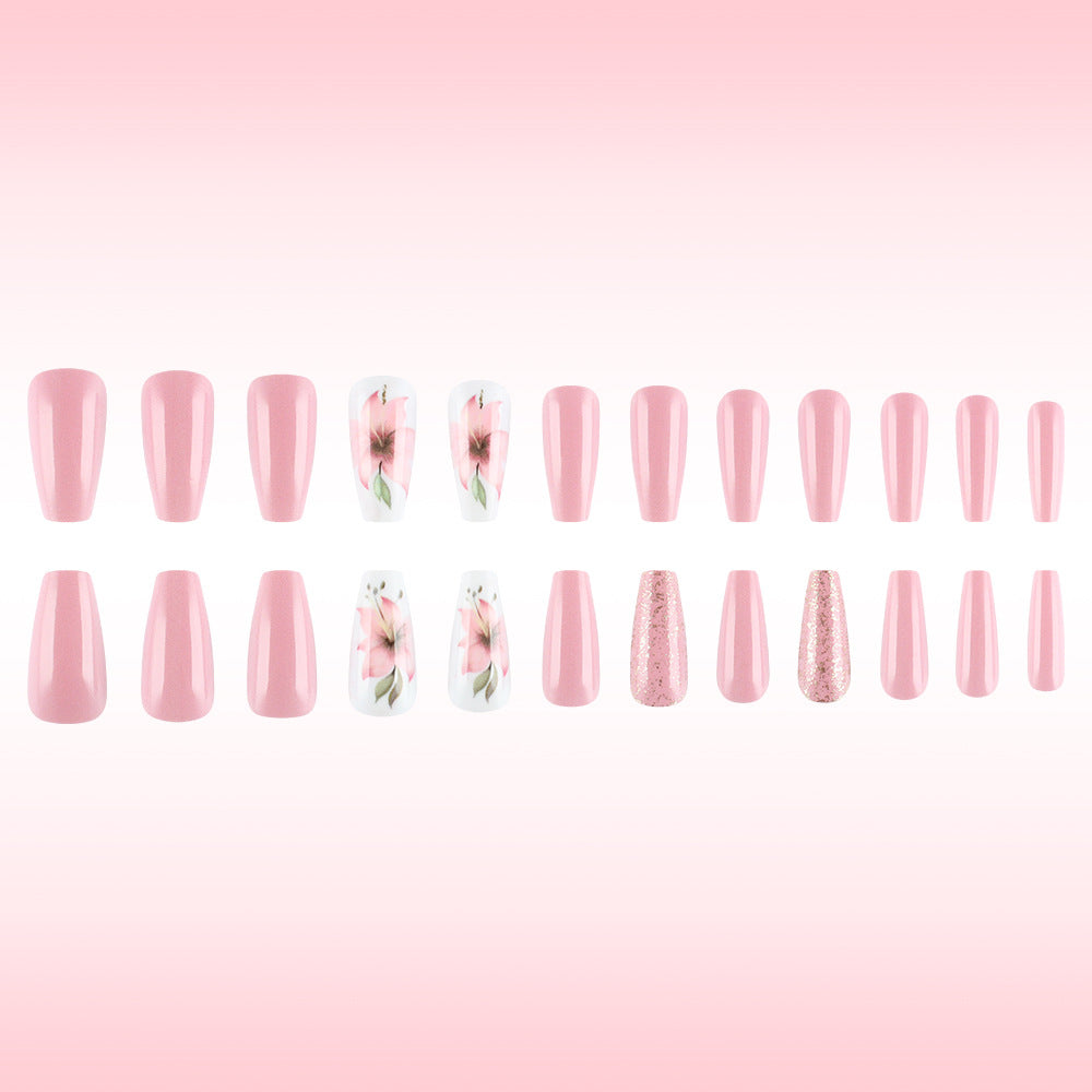 Blooming Romance Elegant Pink Long Coffin Shaped Press On Nail Set with Floral Accents and Sparkle Highlights