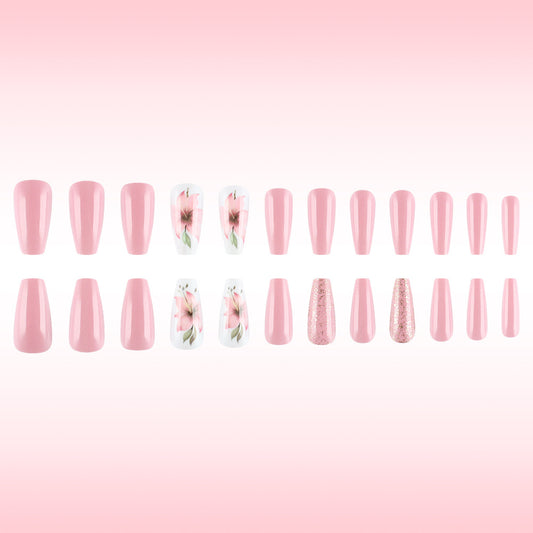 Blooming Romance Elegant Pink Long Coffin Shaped Press On Nail Set with Floral Accents and Sparkle Highlights