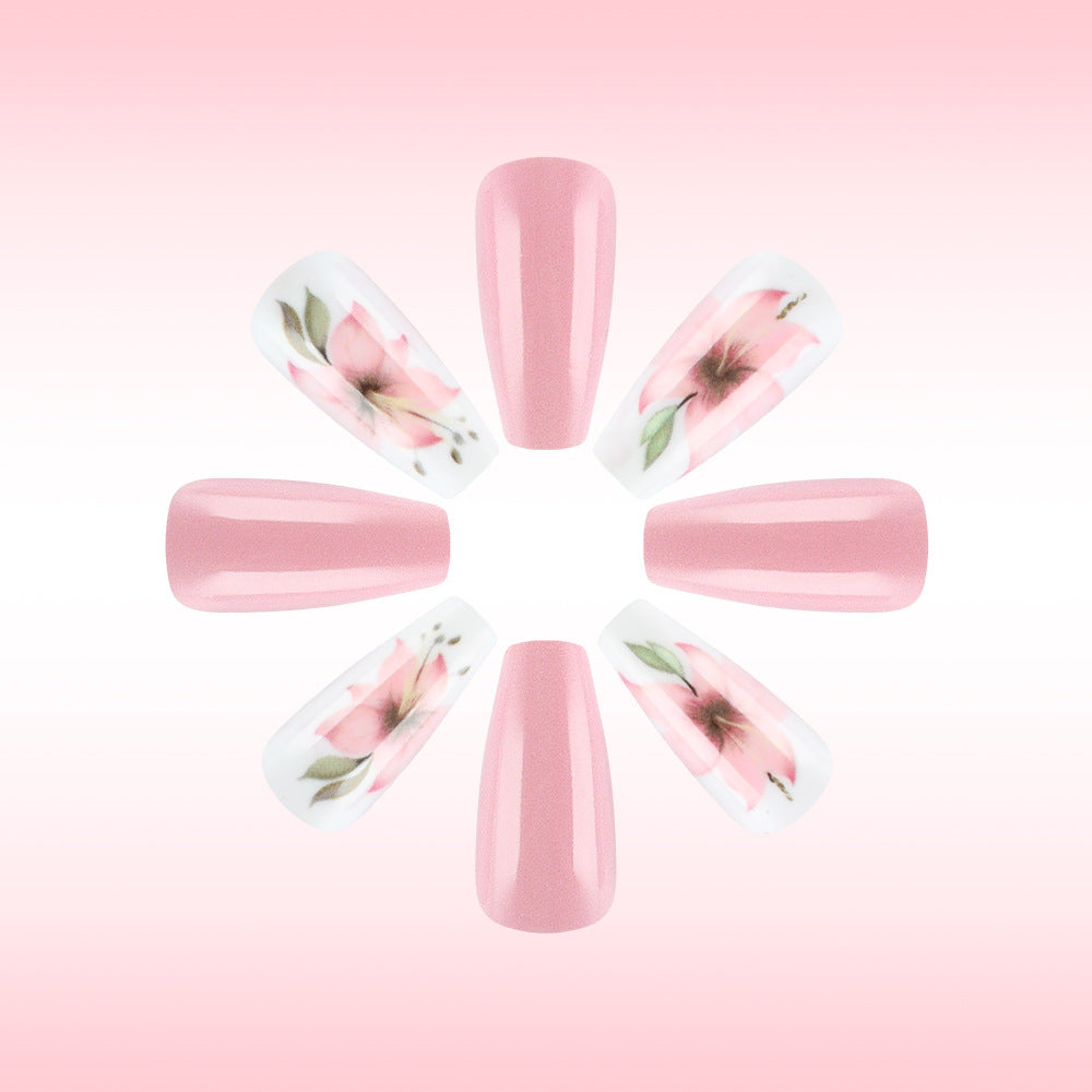 Enchanting Floral Elegance Long Coffin Pink Press-On Nail Set with Delicate Botanical Designs