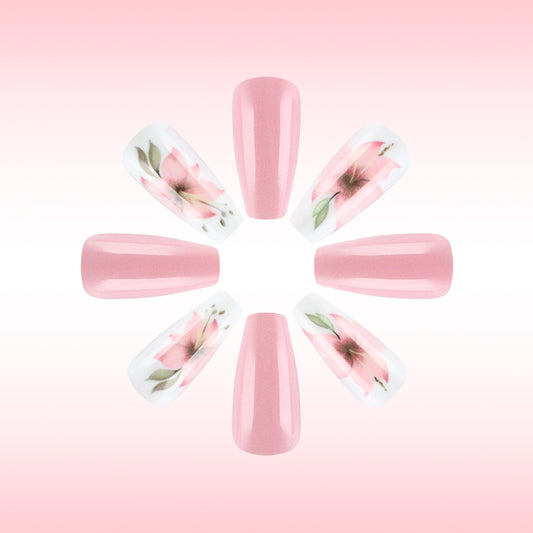 Enchanting Floral Elegance Long Coffin Pink Press-On Nail Set with Delicate Botanical Designs