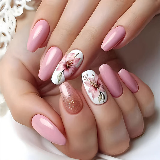 Blossom Elegance Long Oval Pink Nails with Floral Art Design