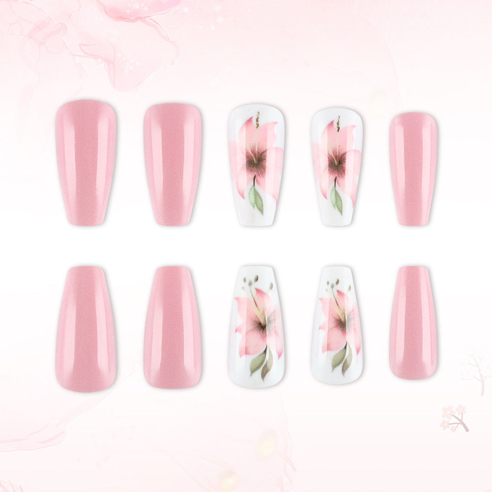 Enchanted Blossom Long Coffin Pink Floral Design Press On Nail Set