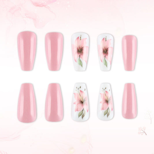 Enchanted Blossom Long Coffin Pink Floral Design Press On Nail Set