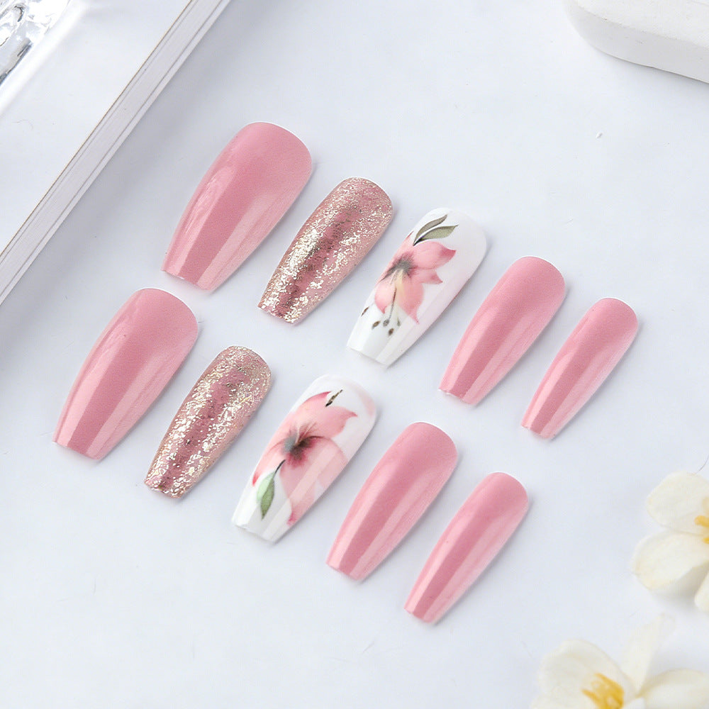 Blossom Elegance Long Coffin Pink Press-On Nail Set with Floral Accents and Glitter Finish
