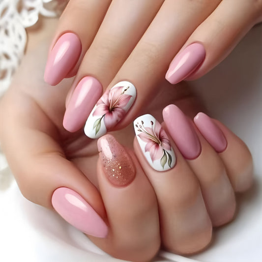 Blossom Elegance Medium Coffin Pink Press On Nail Set with Floral Accent and Glitter Detail
