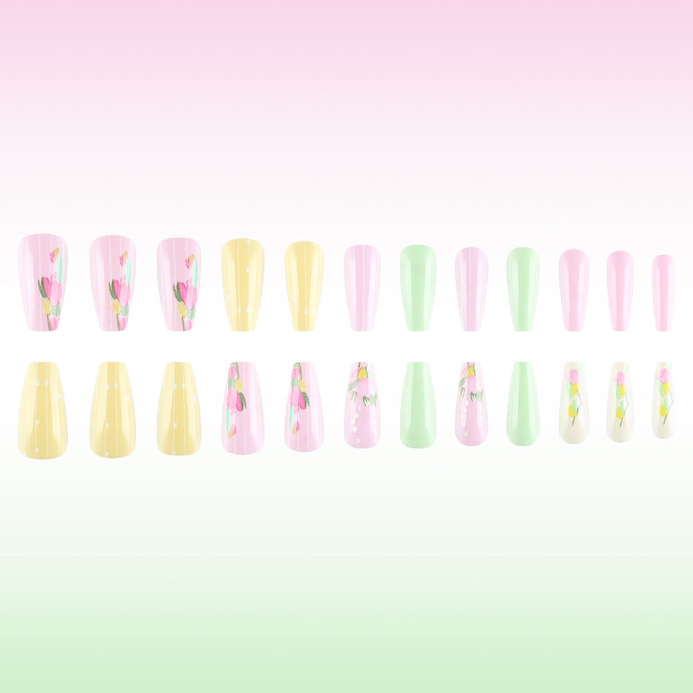 Spring Blooming Pastel Long Coffin Press-On Nail Set in Soft Pink Yellow and Fresh Green with Floral Accents