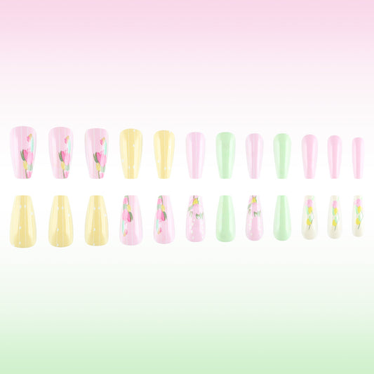 Spring Blooming Pastel Long Coffin Press-On Nail Set in Soft Pink Yellow and Fresh Green with Floral Accents