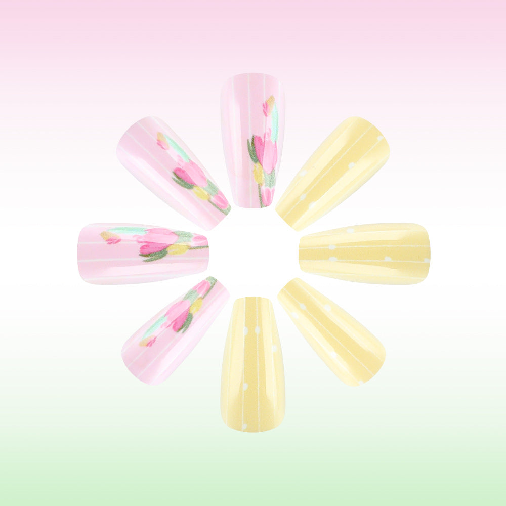 Floral Bliss Press On Nail Set Long Coffin Pink and Yellow with Hand-Painted Bloom Design