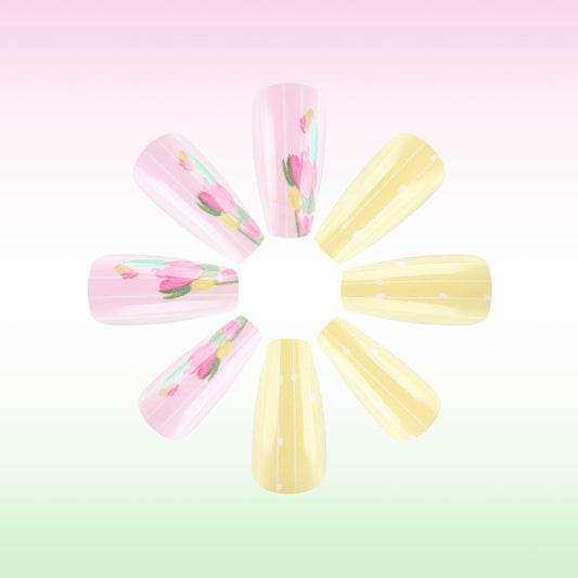 Floral Bliss Press On Nail Set Long Coffin Pink and Yellow with Hand-Painted Bloom Design