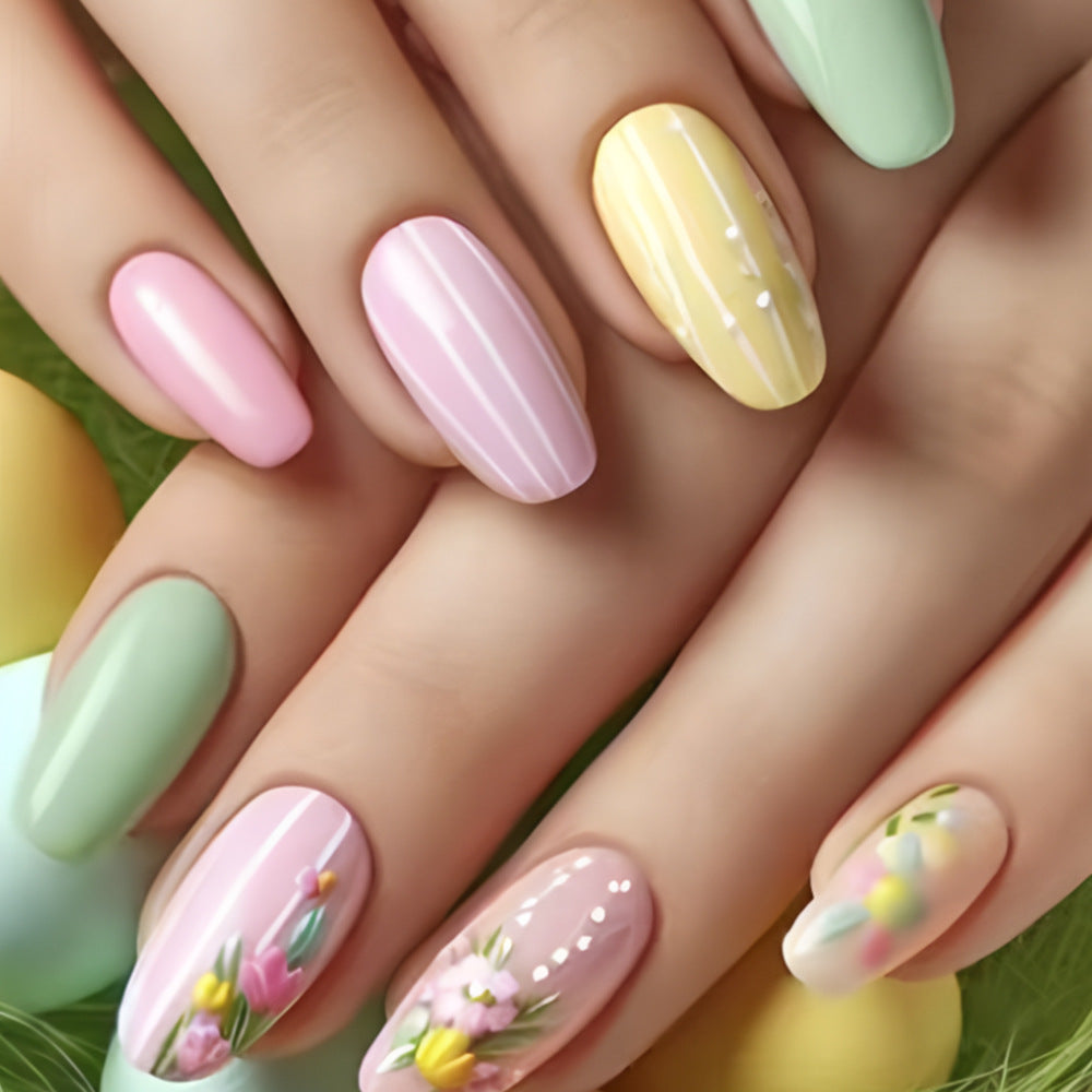 Spring Blossom Elegance Medium Square Pastel Shades Floral Design Press On Nail Set