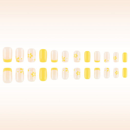 Sunny Blossom Elegant Medium Square Press On Nail Set Featuring Dazzling Yellow Floral Accents