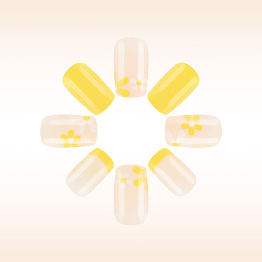 Blooming Radiance Medium Square Yellow Floral Press On Nail Set with Transparent Accents