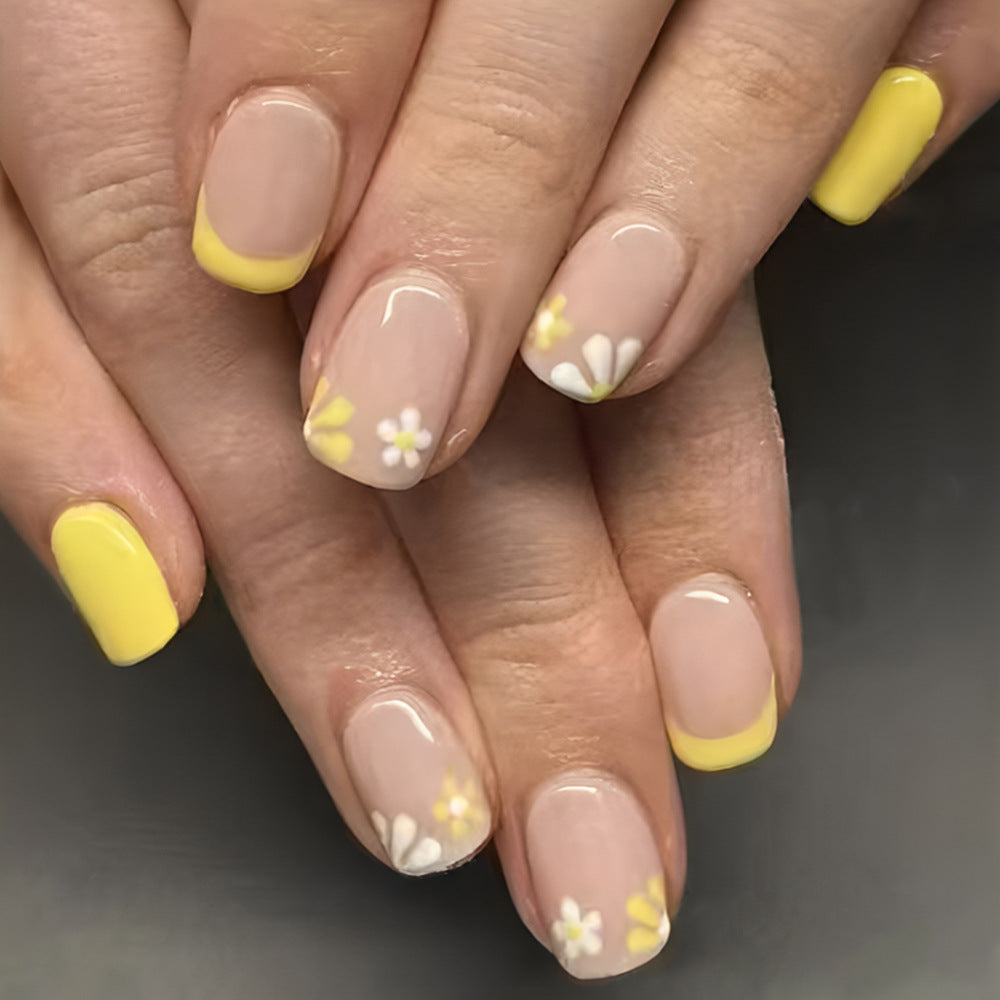 Sunny Delight Short Square Yellow Floral Press On Nail Set