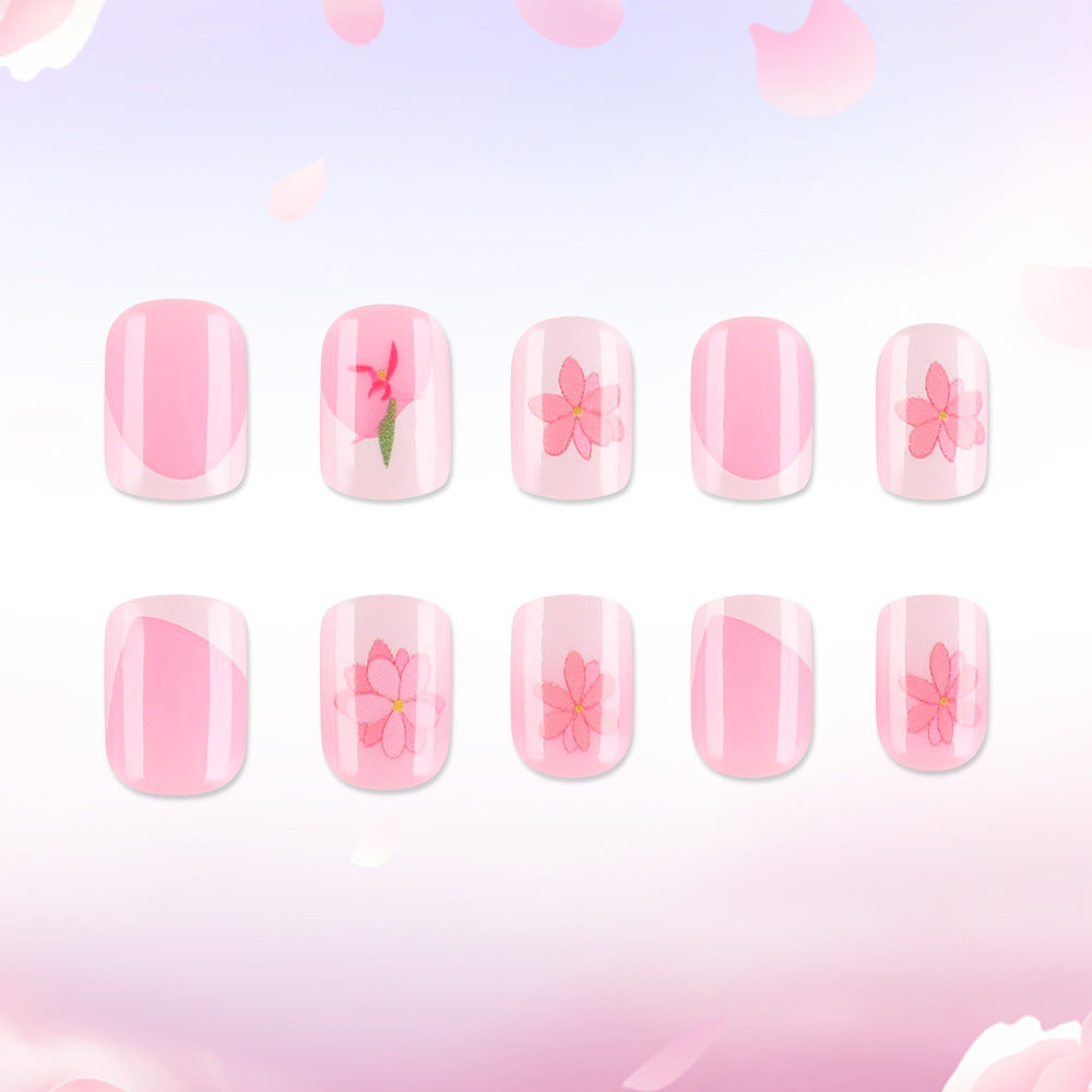 Blooming Elegance Short Square Soft Pink Floral Press-On Nail Set with Elegant Floral Design