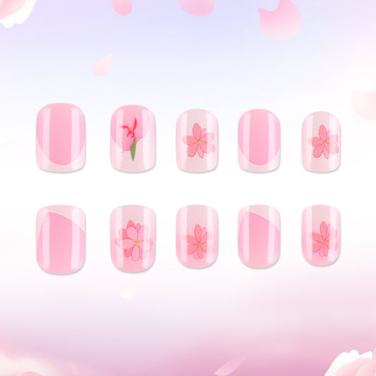 Blooming Elegance Short Square Soft Pink Floral Press-On Nail Set with Elegant Floral Design