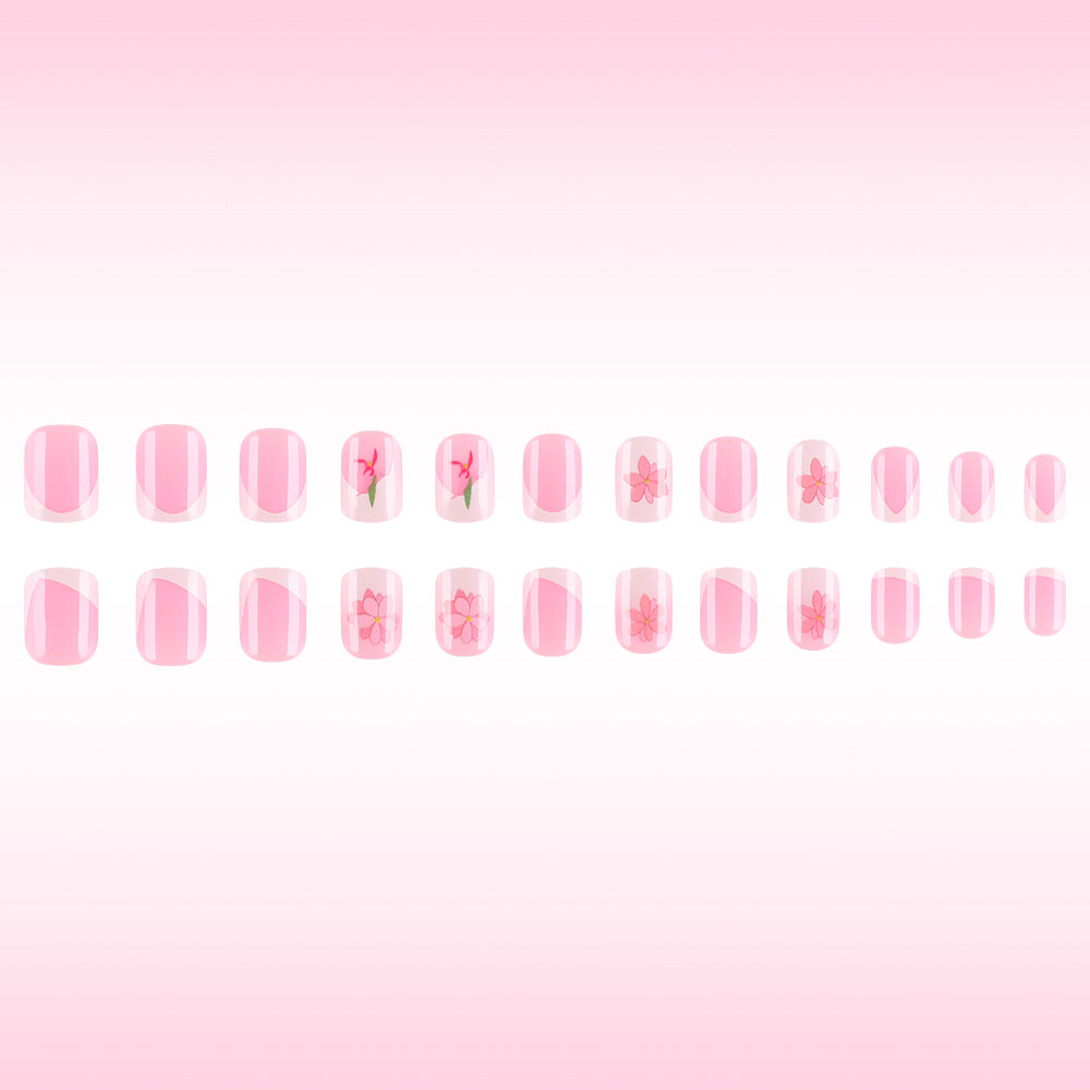 Blossoming Elegance Short Square Pink Floral Press On Nail Set with Unique Artistic Designs