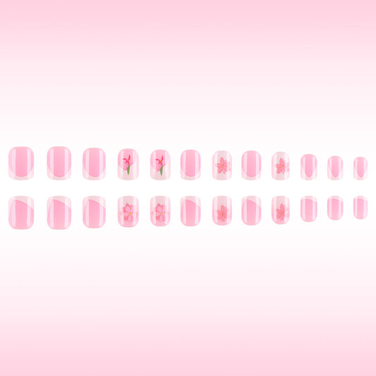 Blossoming Elegance Short Square Pink Floral Press On Nail Set with Unique Artistic Designs
