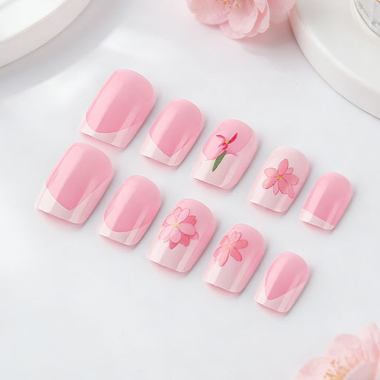 Blossom Beauty Short Square Pink Press On Nail Set with Elegant Floral Designs