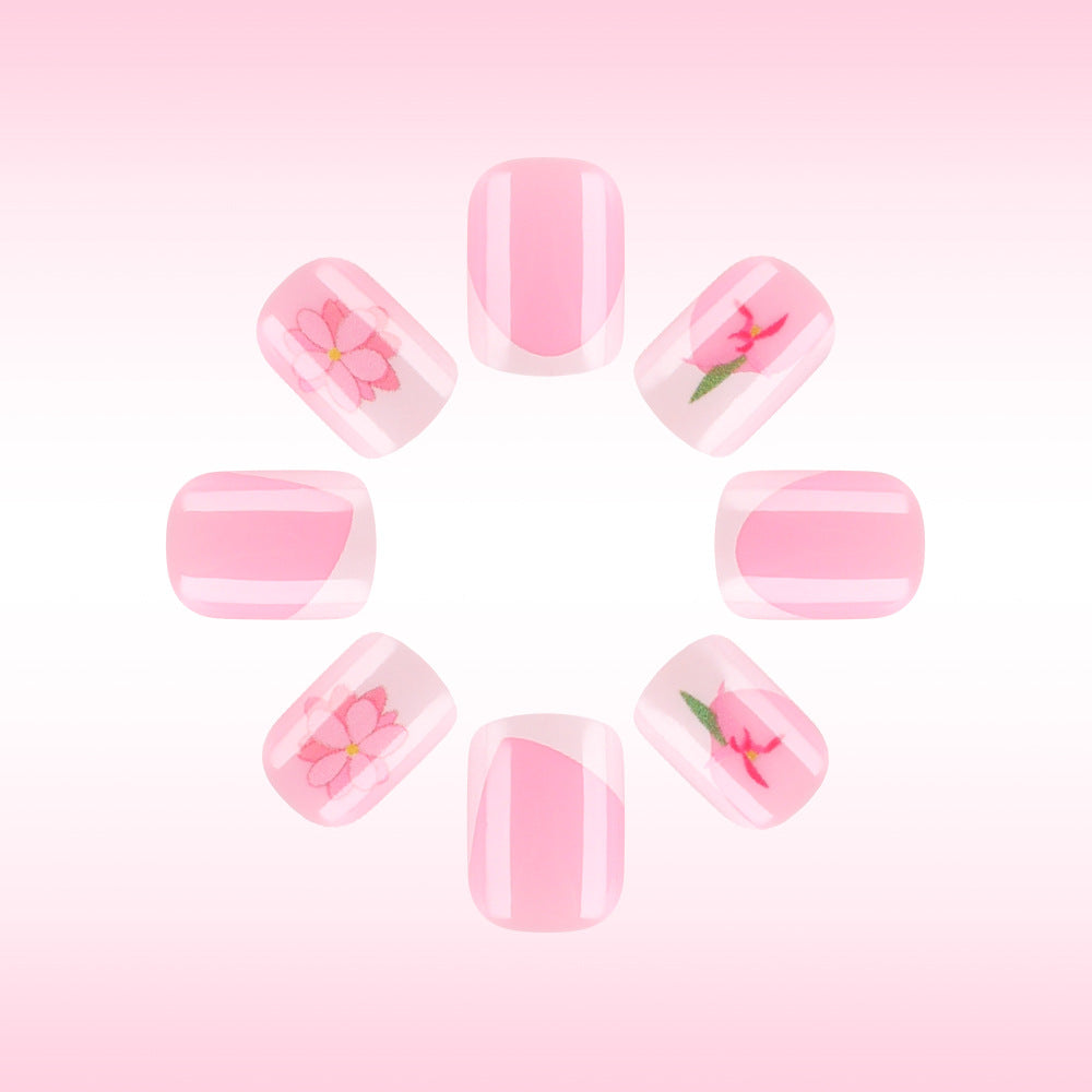 Blossoming Beauty Short Square Light Pink with Floral Art Press On Nail Set