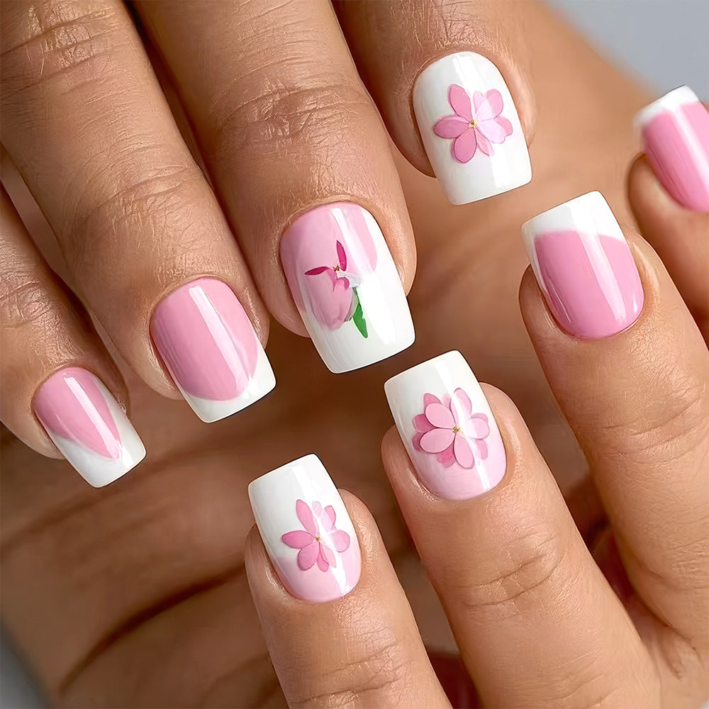 Blossoming Garden Short Square Pink and White Floral Press On Nail Set
