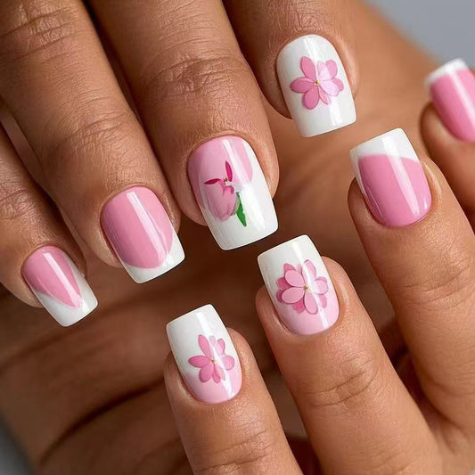 Blossoming Spring Elegance Medium Square Pink and White Floral Press On Nail Set with Eye-Catching Designs