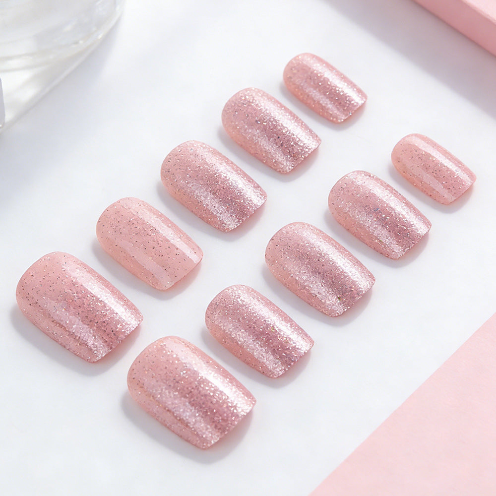 Whimsical Dreamy Medium Glittery Press On Nail Set in Elegant Square Soft Pink Sparkle Finish