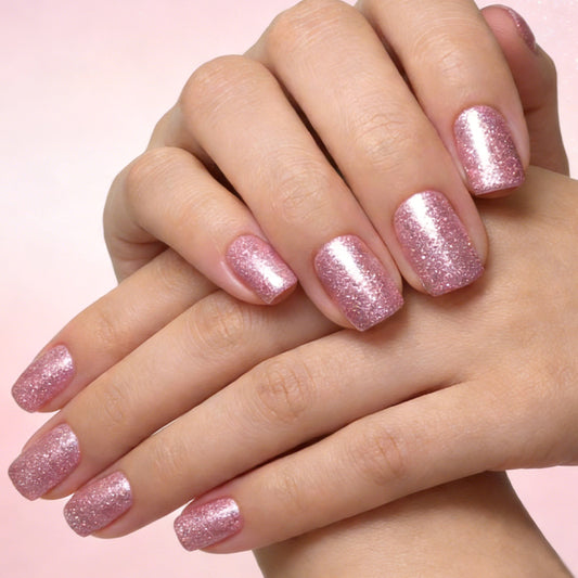 Sparkling Elegance Short Square Pink Glitter Press On Nail Set with Dazzling Finish