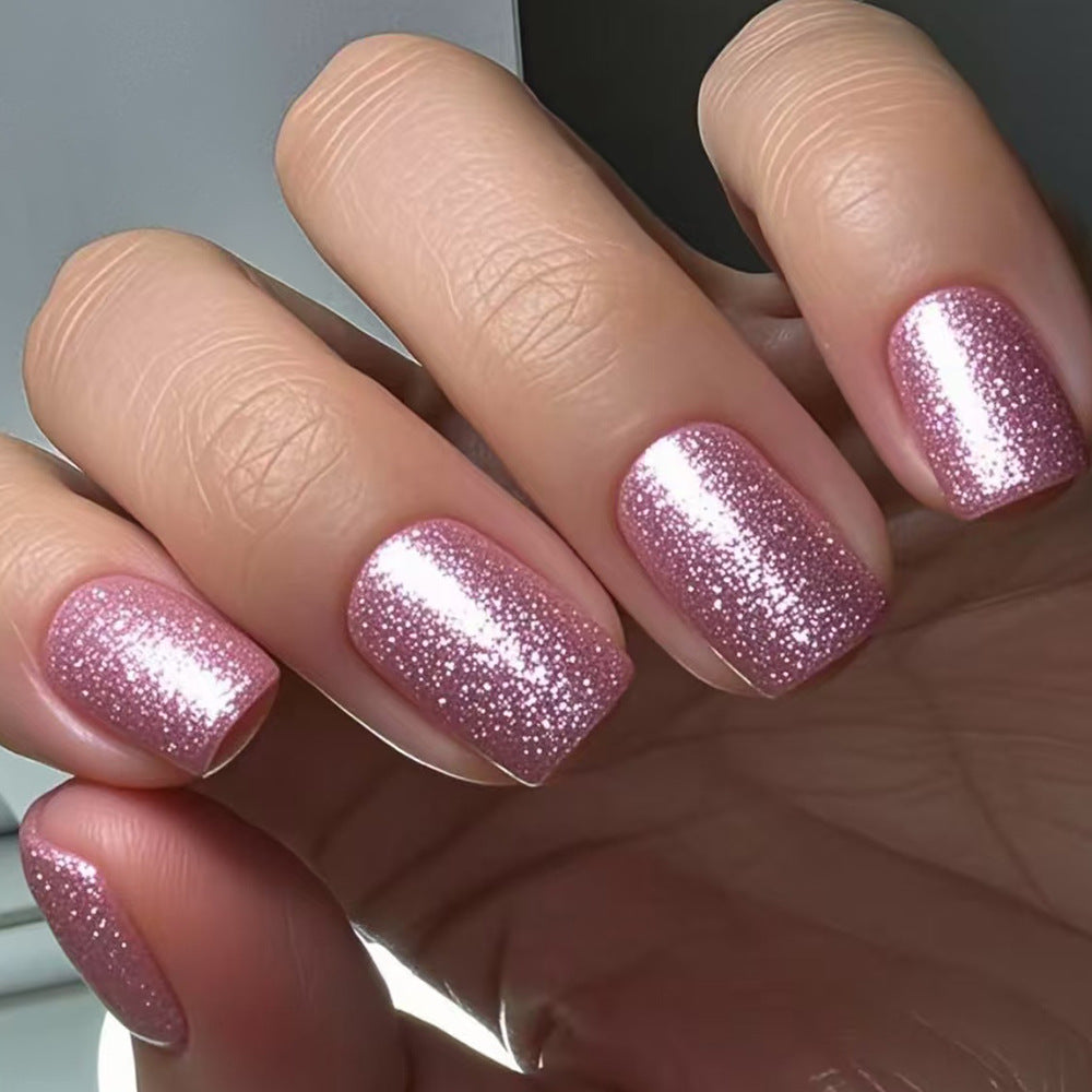 Sparkling Elegance Medium Square Shimmery Pink Press On Nail Set with Iridescent Glitter Finish