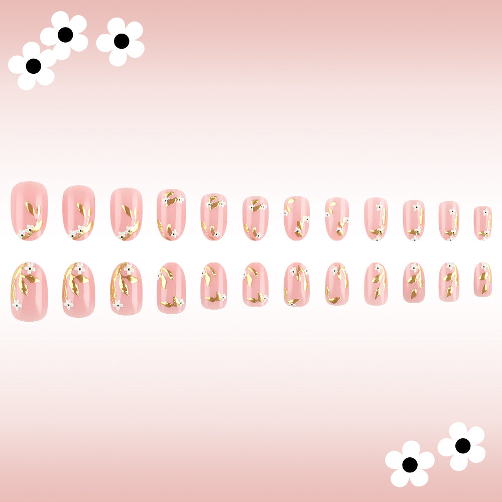 Whimsical Garden Pink Medium Oval Press On Nail Set with Delicate Floral Gold Accents