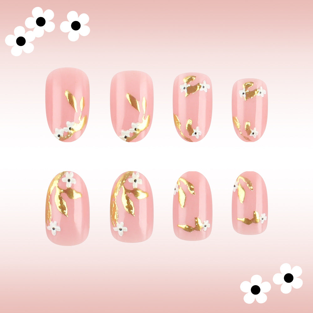 Blossom Bliss Medium Oval Pink Press On Nail Set with Gold Floral Accents